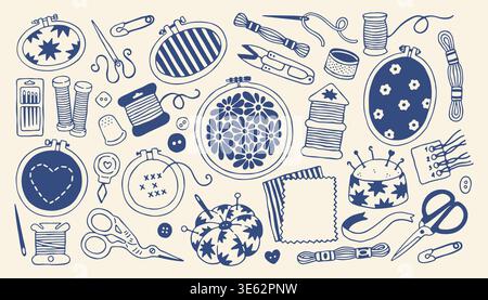 Hand drawn embroidery tools set featuring hoops and sewing needles. Minimalist doodle collection of thread and scissors in mediterranean blue vector Stock Vector