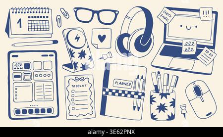 Hand drawn home office set with laptop and stationery elements. Minimalist doodle collection of workspace tools in mediterranean blue vector style Stock Vector