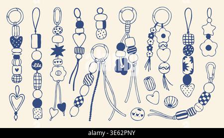 Minimalist collection of beaded keychains with mediterranean motifs. Hand drawn doodle elements featuring hearts and flowers in blue vector style Stock Vector
