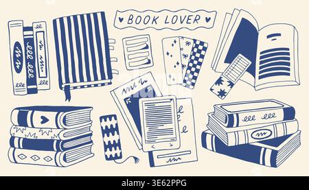 Minimalist book lover set with stacks of books and bookmarks. Hand drawn doodle collection of literature and reading accessories in blue vector Stock Vector