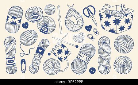Vector collection of knitting yarn balls and crochet hooks. Hand drawn doodle set with wool skeins and needles in minimalist mediterranean style Stock Vector