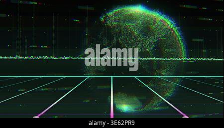 Rising particle globe hovering over neon grid floor, showing waveform and data bars, glitching Stock Photo