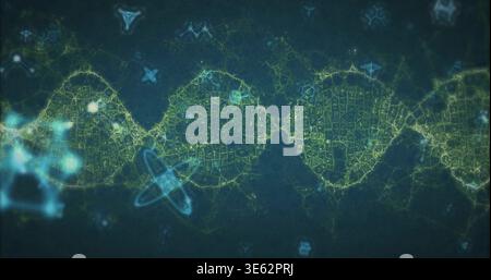 Glowing network wave forming neon green mesh loops across deep blue background, with cyan nodes Stock Photo