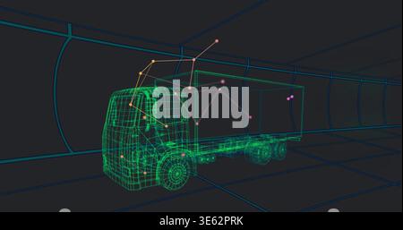 Displaying green wireframe box truck gliding through blue cyan tunnel grid, with pink orange nodes Stock Photo