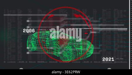 Displaying green wireframe car model rotating in 3D workspace, showing red HUD reticle, 2006 or 2021 Stock Photo