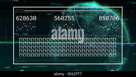 Showing white frame displaying three numbers, grid, waveform on digital UI, with particle globe Stock Photo