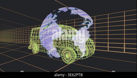 Displaying neon-green wireframe van with holo globe in orange grid tunnel, second van behind Stock Photo