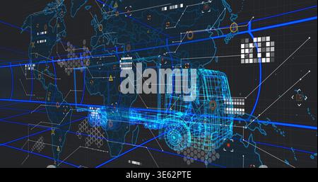 Displaying holographic wireframe truck moving across dashboard, showing world map and orange nodes Stock Photo