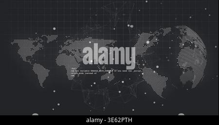 Displaying flat dotted world map and 3D dotted globe linking via nodal mesh on dark grid Stock Photo