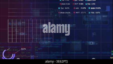 Displaying translucent white grid overlay left-center on screen showing panels tickers gauge line Stock Photo