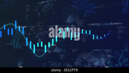 Displaying cyan candlesticks and neon trend line moving across trading screen, showing data labels Stock Photo