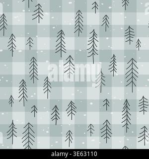 Christmas seamless pattern with fir trees on cute gingham background. Vector checkered plaid and cute winter forest hand drawn print for fashion Stock Vector