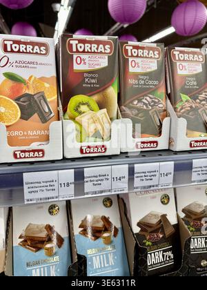 22.03.2026, Ukraine, Kharkov Assorted Torras Sugar-Free Gourmet Chocolate Bars on Supermarket Shelf Stock Photo