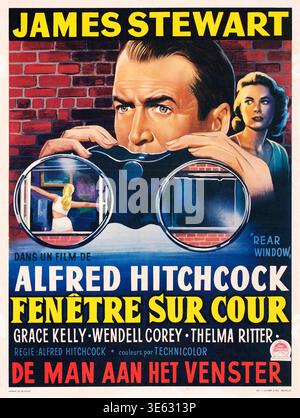 Film poster for the 1954 Alfred Hitchcock thriller "Rear Window." The vintage Belgian poster features an intense James Stewart observing through binoculars, with Grace Kelly looking over his shoulder, hinting at the film's suspenseful plot. Stock Photo
