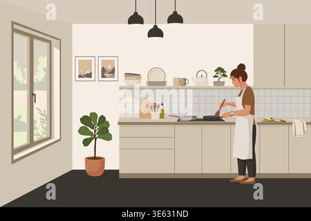 Woman cooking in modern kitchen with plants and window in japandi style vector illustration. Stock Vector