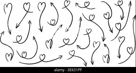 Crayon arrow and heart doodle set with marker strokes. Hand drawn pointer elements Stock Vector