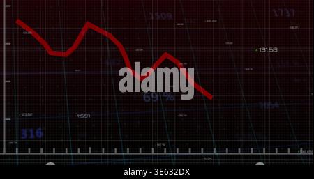 Displaying thick red trend line descending across dark dashboard grid, showing blue 69% label Stock Photo