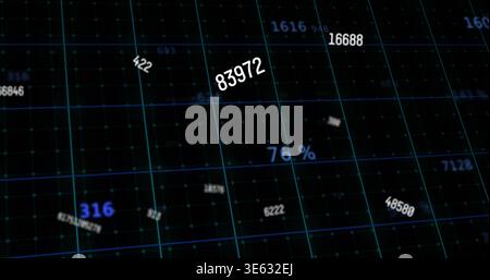 Displaying tilted label 83972 above data HUD with floating 76% and teal grid nodes Stock Photo