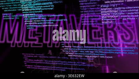 Glowing META text filling virtual interface, showing JS code, wireframe grid, glowing nodes Stock Photo