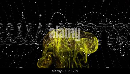Glowing translucent yellow particle cloud pulsing in black void, with dotted waveform and specks Stock Photo