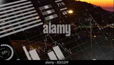 Displaying data overlay projecting bars line grid gauge with 71% or 68% or 56% over highway at dusk Stock Photo