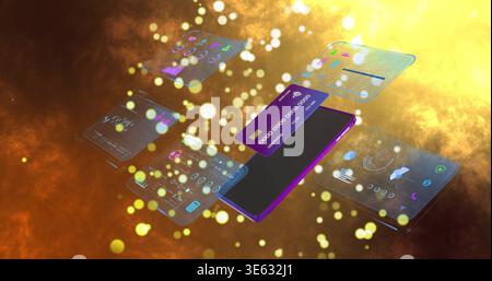 Displaying metallic purple smartphone showing glowing UI panels in digital space, with credit-card Stock Photo