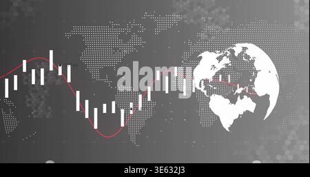 Displaying sinuous red trend line and white candles on digital dashboard, stylized globe on right Stock Photo