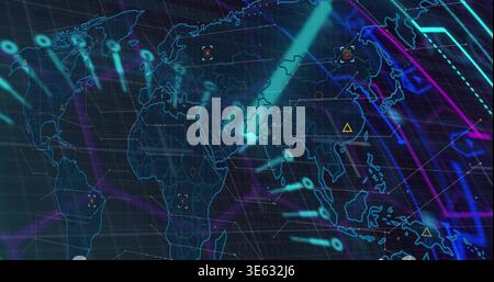 Displaying holographic world map HUD projecting pulsing nodes, gridlines and scan beams on console Stock Photo