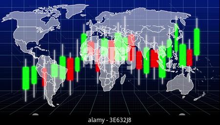 Displaying centered world map on trading dashboard 3D grid, showing green and red candlesticks Stock Photo