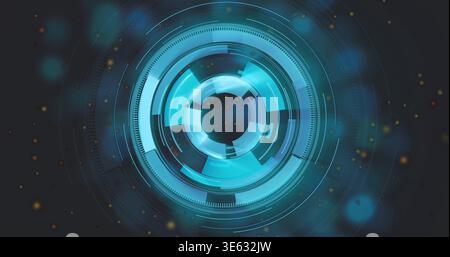 Rotating central HUD element pulsing cyan highlights in digital interface, with particle dots Stock Photo