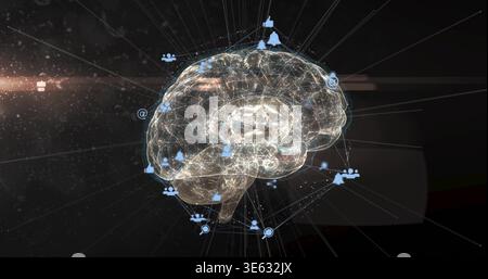 Glowing translucent 3D brain hologram sending radial lines in virtual space, with blue icons Stock Photo