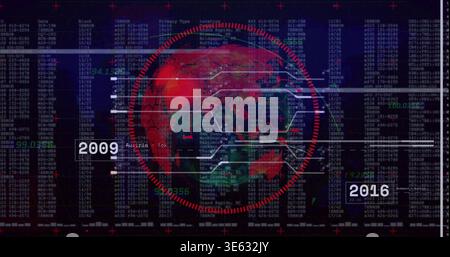 Displaying stylized red globe with segmented ring and lines on dark dashboard, showing 2009 2016 Stock Photo
