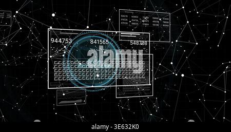 Displaying central hologram data in cyber network, showing cyan radar, UI grid and numeric readouts Stock Photo
