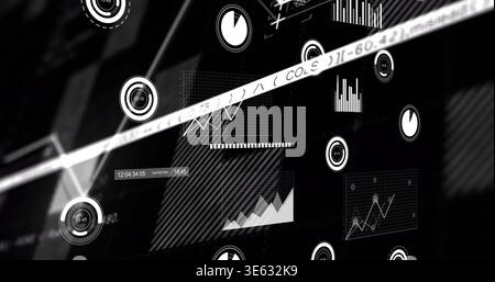 Displaying floating HUD elements in futuristic interface, showing diagonal code strip and gauges Stock Photo