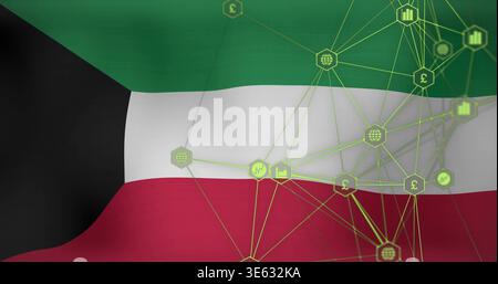 Displaying Kuwait flag with neon network overlay in digital graphic, showing hex nodes and glyphs Stock Photo