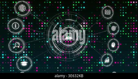 Displaying central HUD showing laptop icon and peripheral nodes in cyber matrix, pixel background Stock Photo