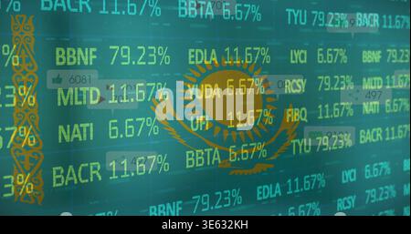 Showing golden Kazakh emblem on market screen, displaying tickers, percents, ornament and UI badges Stock Photo