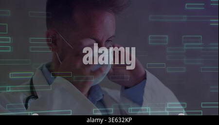Adjusting doctor putting on surgical mask in clinic, wearing lab coat and stethoscope, HUD overlays Stock Photo