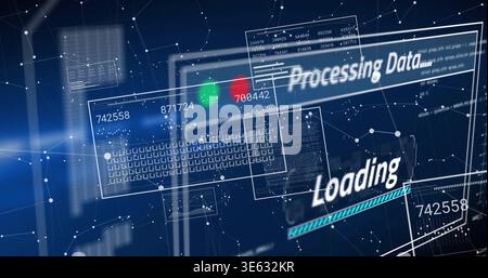 Rendering translucent HUD floating in virtual UI, showing loading bar and network graph, copy space Stock Photo
