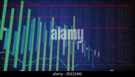 Displaying vertical bar chart updating green blue bars on digital monitor with red line and tables Stock Photo