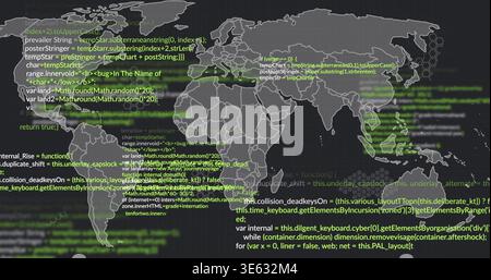 Displaying gray world map showing code snippets and green streaks on dashboard, blurred right panel Stock Photo