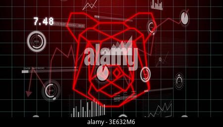 Displaying red glowing wireframe cube pulsing on dark grid dashboard, with gauges, readouts Stock Photo