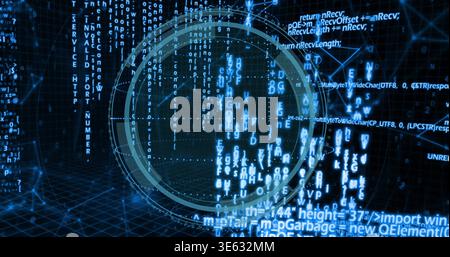 Displaying central circular HUD overlay pulsing in virtual space, with cascading code and grid Stock Photo