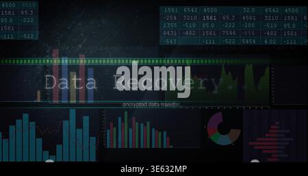 Showing data recovery dashboard on dark computer display with charts, central Data Recovery overlay Stock Photo