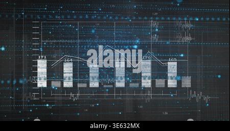 Displaying central analytics dashboard showing bars and line chart on dark screen, with labels Stock Photo