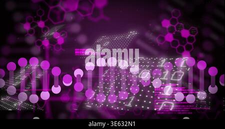 Glowing stylized DNA-like helix streaming across virtual data hub, with binary digits and hexagons Stock Photo