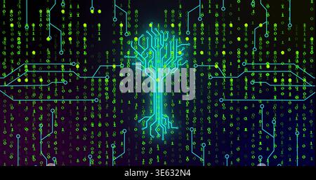 Pulsing neon circuit-tree branching in virtual grid with green binary streams, traces and nodes Stock Photo