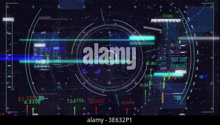 Displaying central reticle and crosshair in digital HUD, showing neon bars and data strings Stock Photo