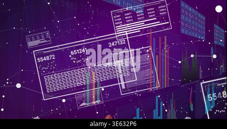 Displaying central glass data panel floating in virtual dashboard showing readouts bar charts nodes Stock Photo