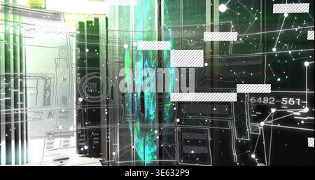 Projecting teal column amid glass panels and server racks showing readouts in data center aisle Stock Photo